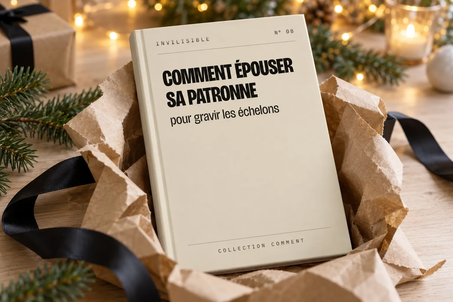 Un livre de la collection qui sort d'un papier cadeau kraft, entre des branches de sapin
